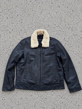 John Varvatos Jacket 100% Sheep Leather Aviator Dark Navy Collar Sheep Shearling